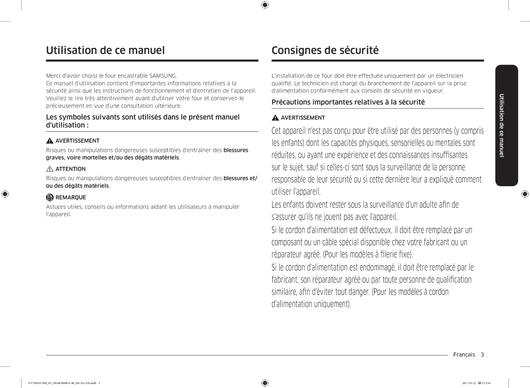 Samsung NV70M3571RS/EF Consignes de sécurité, Utilisation de ce manuel, Précautions importantes relatives à la sécurité 